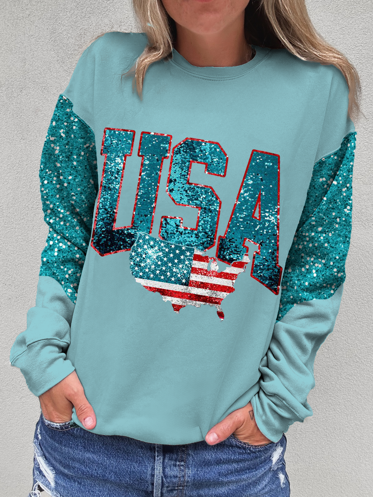 Glitter 4th of July Printed Long Sleeve Casual Top