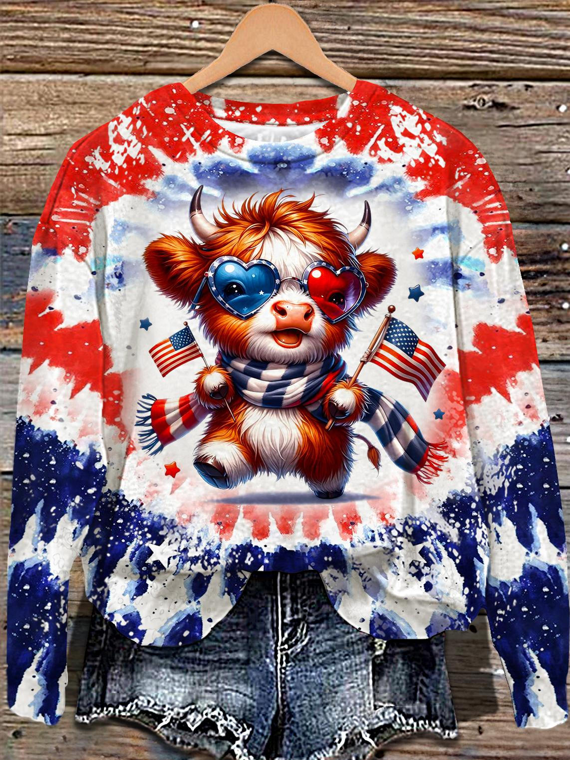 Flag Highland Cow Independence Day Printed Long Sleeve Casual Top
