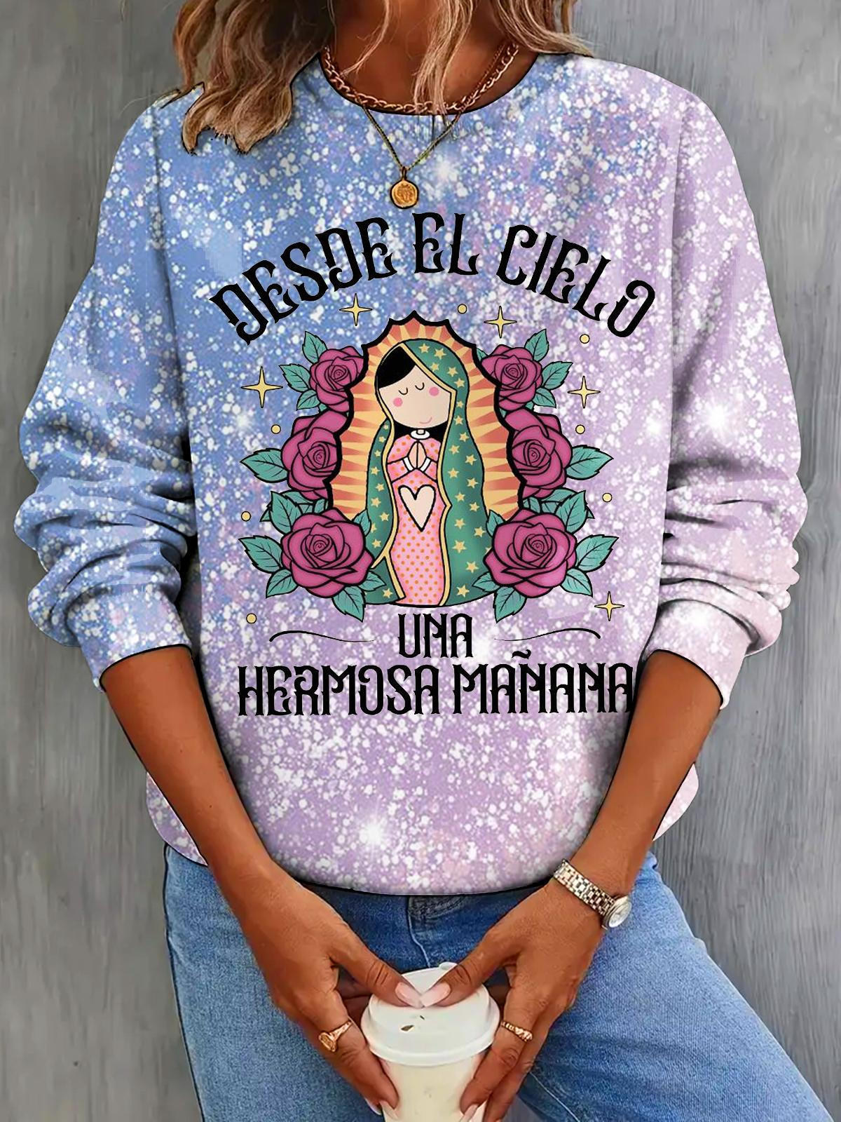 Desde El Cield Mary Faith Christian Fun Print Casual Long Sleeve Top
