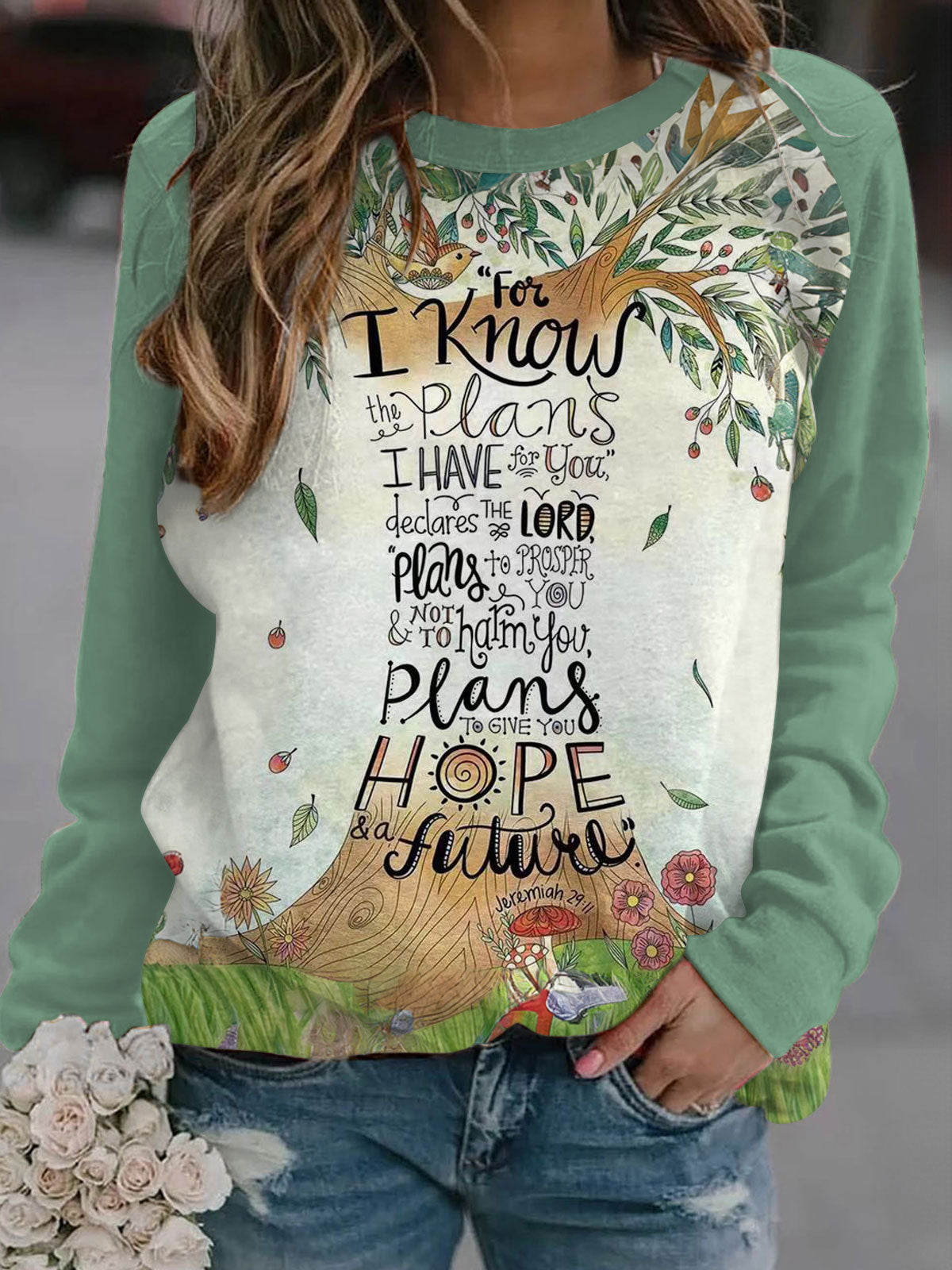 Faith Tree Printed Raglan Long Sleeve Casual Top
