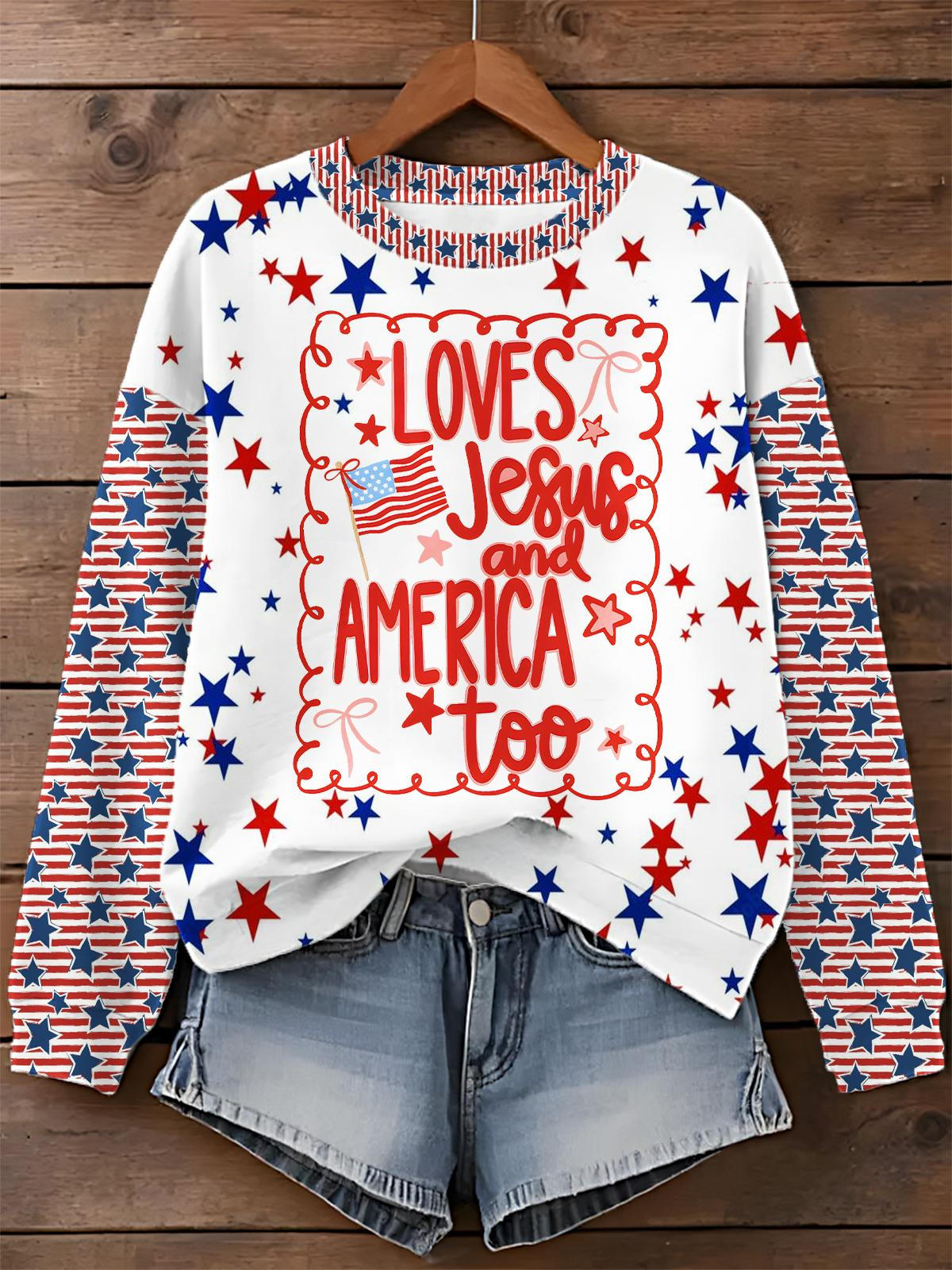 Independence Day Star Print Long Sleeve Casual Top