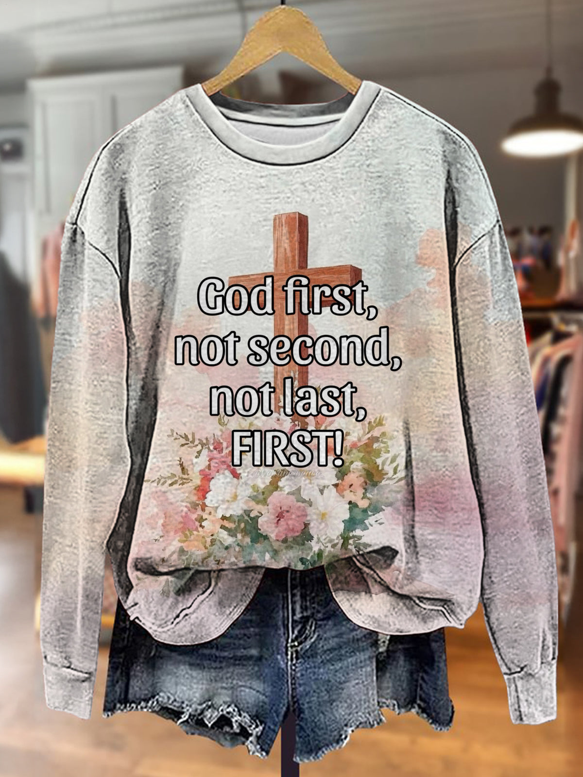 Faith Flower Cross Printed Long Sleeve Casual Top