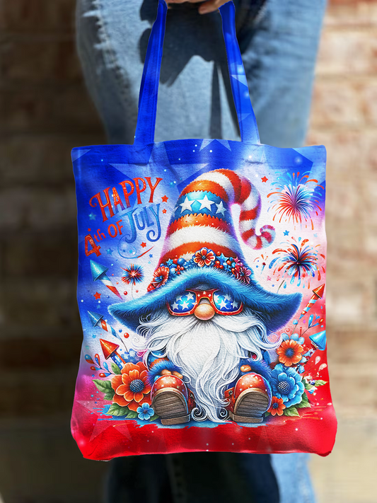 Independence Day Glitter American Flag Floral Gnome Art Shoulder Zipper Canvas Bag
